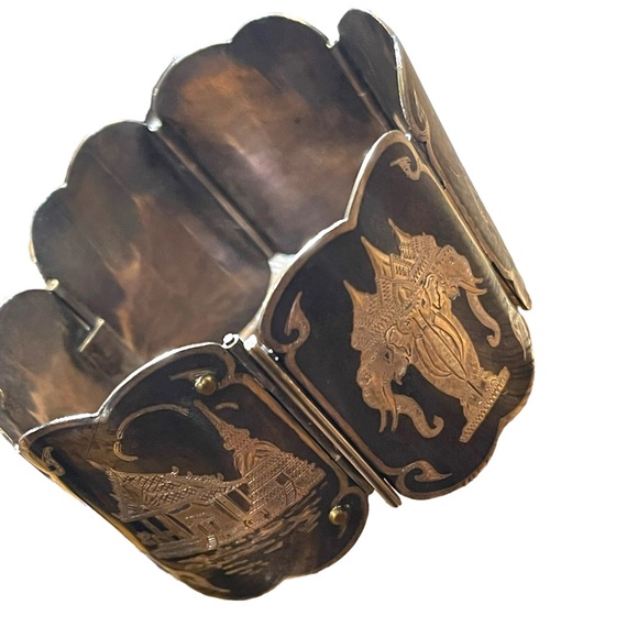 Antique Sterling silver Siam Etched black wnamel symbols Thai bangle bracelet - Picture 11 of 12